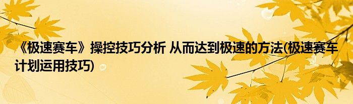 《極速賽車》操控技巧分析 從而達到極速的方法(極速賽車計劃運用技巧)